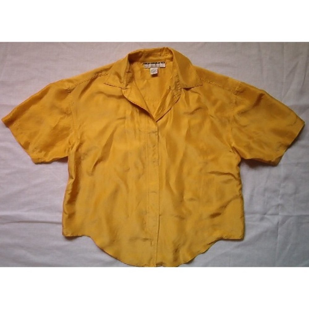 New - New York Studio Button-Front Short Sleeve Silk Shirt, Golden Yellow